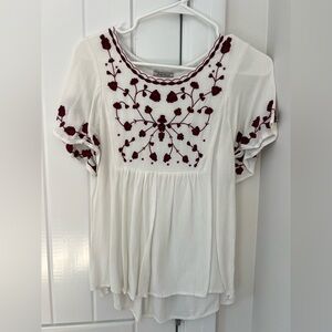 Lucky Brand White Blouse with Red Embroidery